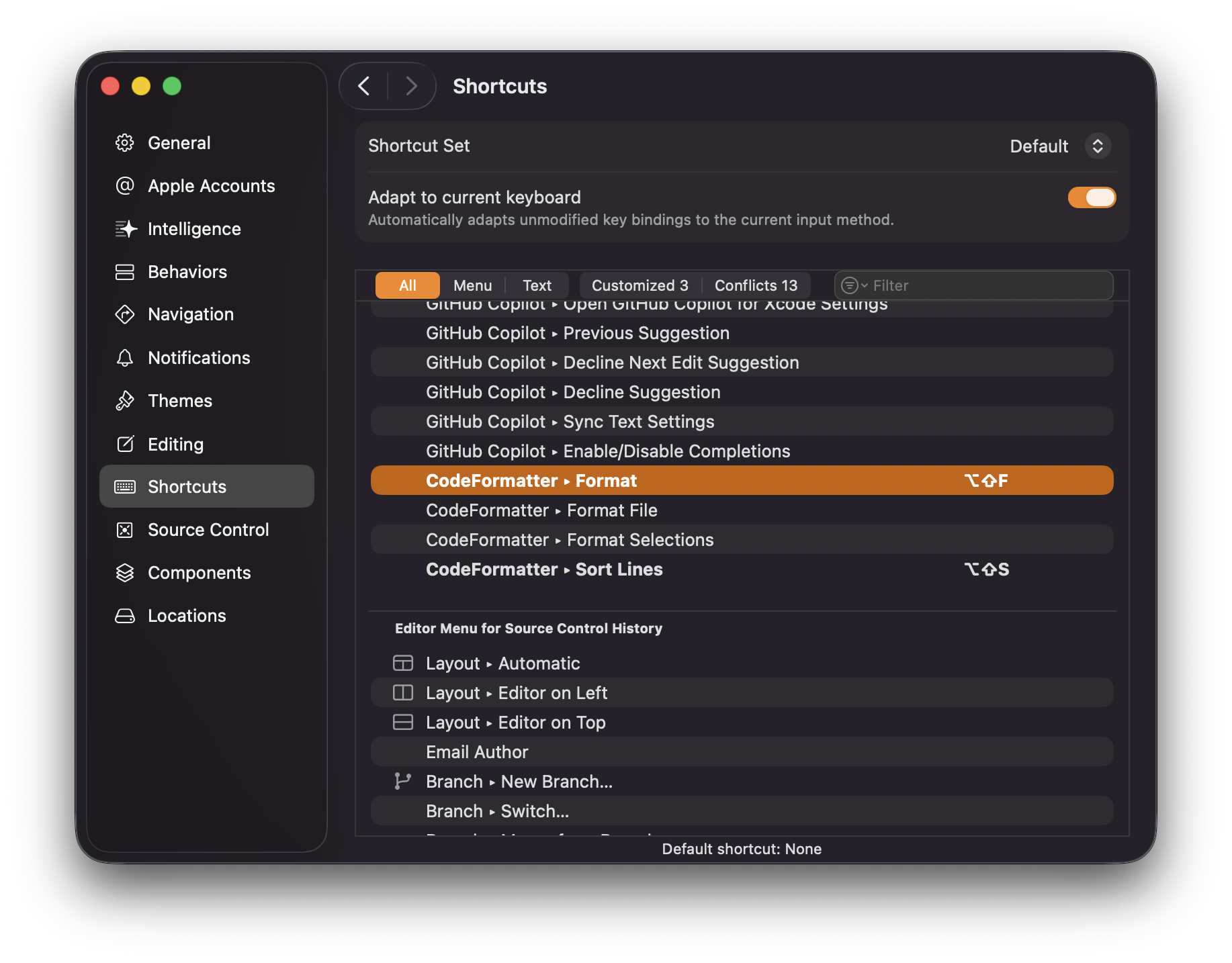 Xcode Keyboard Shortcuts Settings