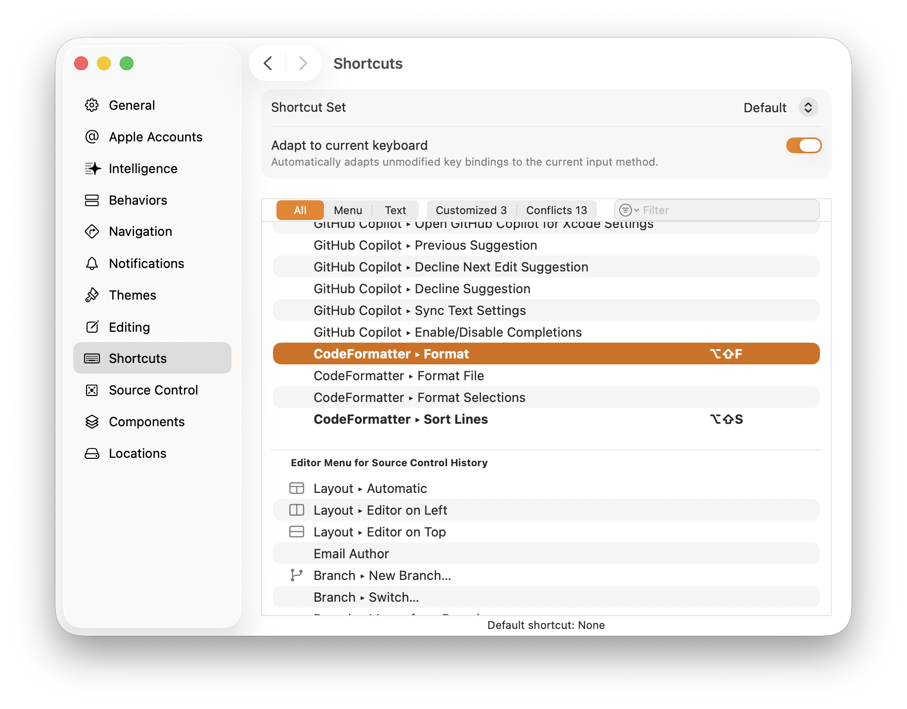 Xcode Keyboard Shortcuts Settings